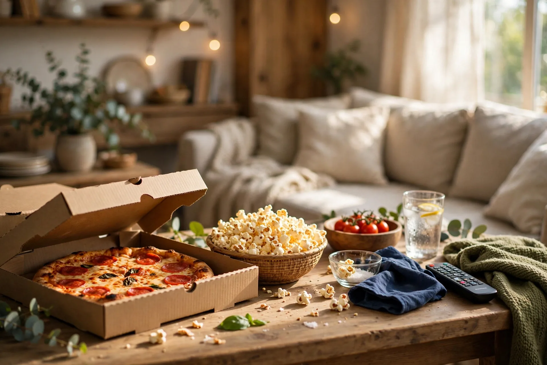 Pizza and movie night table with kraft paper pizza boxes and popcorn