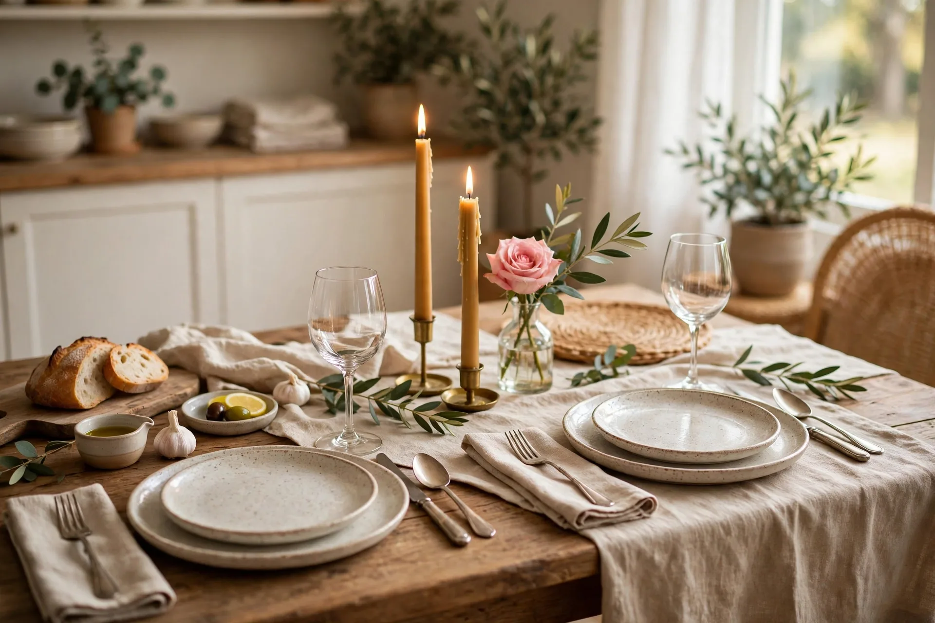 Date night table for two with taper candles a rose and the good plates