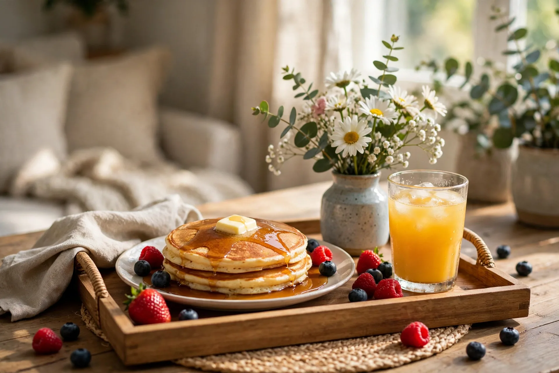 Breakfast tray table with pancakes berries flowers and a glass of juice