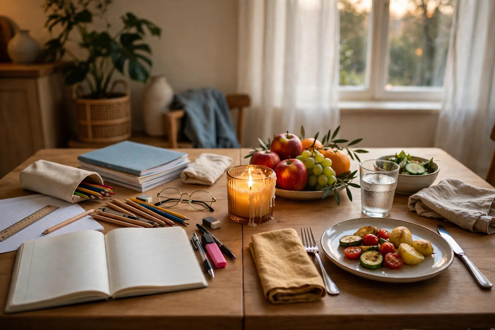 Weeknight table set half for homework and half for dinner with fruit and a candle
