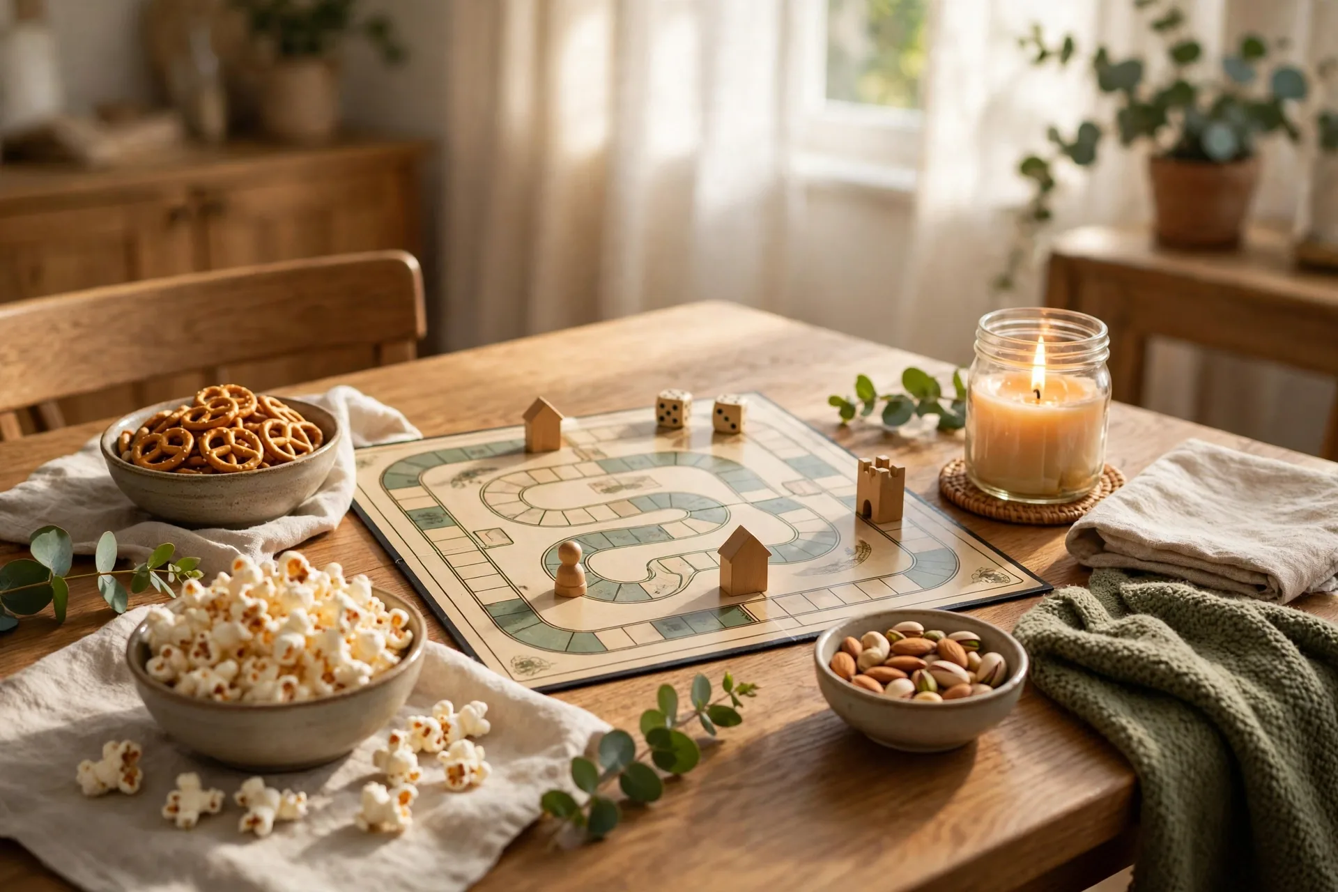 Game night table with a board game snacks in bowls and a candle in a jar