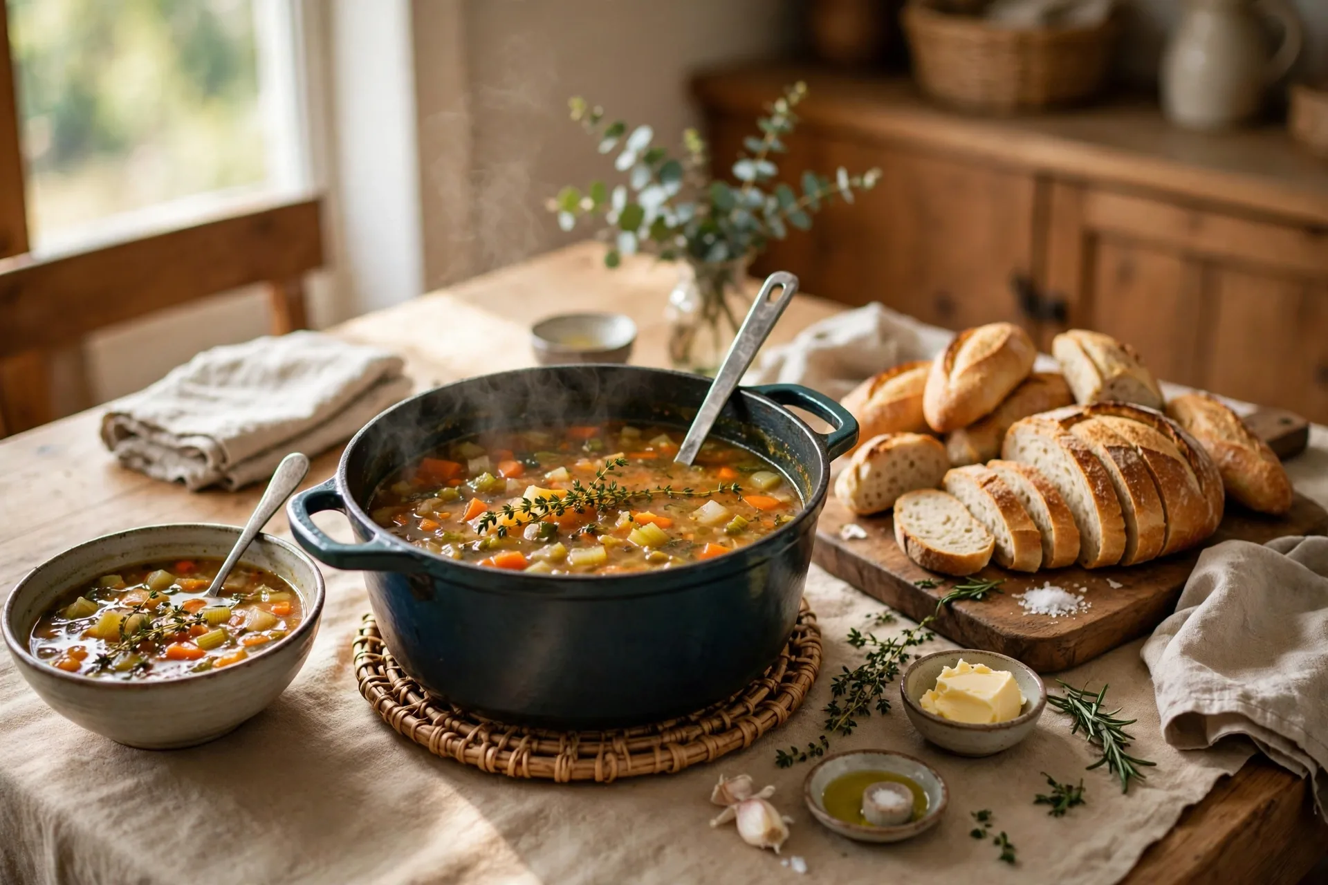 Soup and bread table with a big pot on a trivet and a wooden board of bread