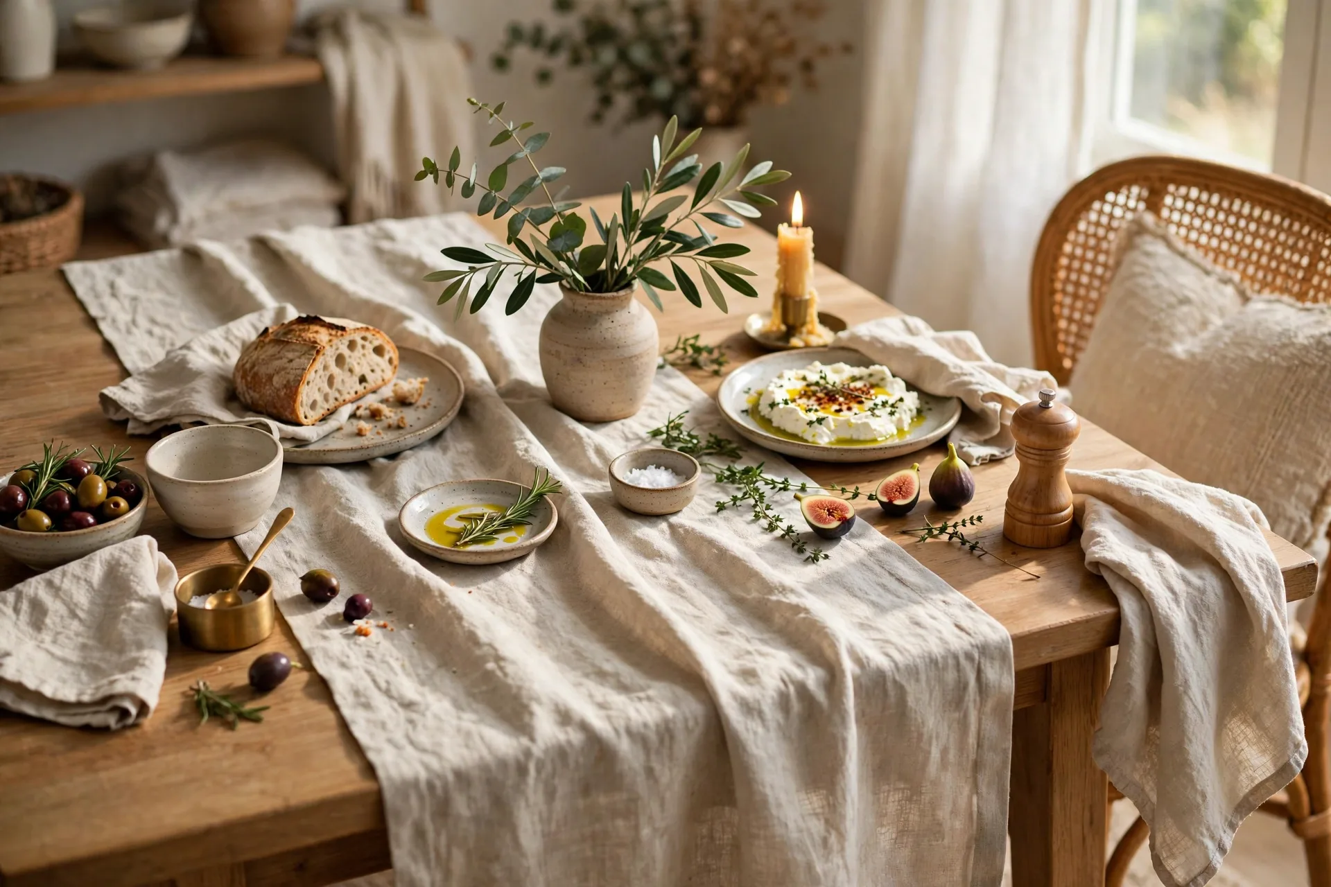 Neutral linen runner layered as the anchor on a styled dining table