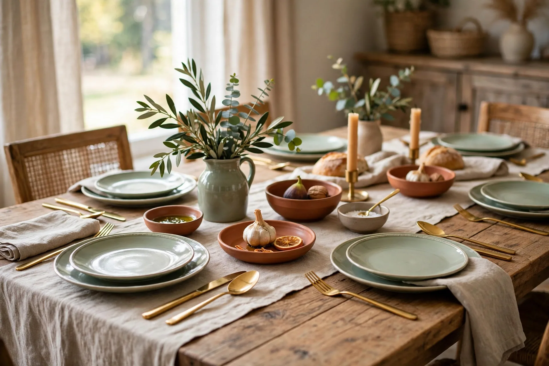 Tablescape in two colors plus a metallic with one linen texture