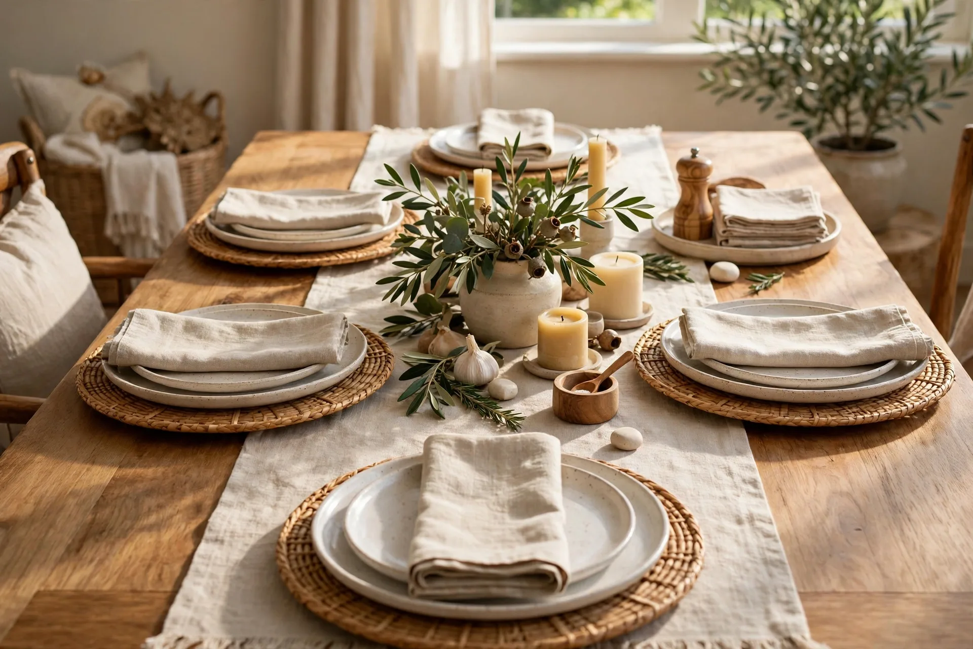 Table layered center out bottom up with runner centerpiece plates and napkins