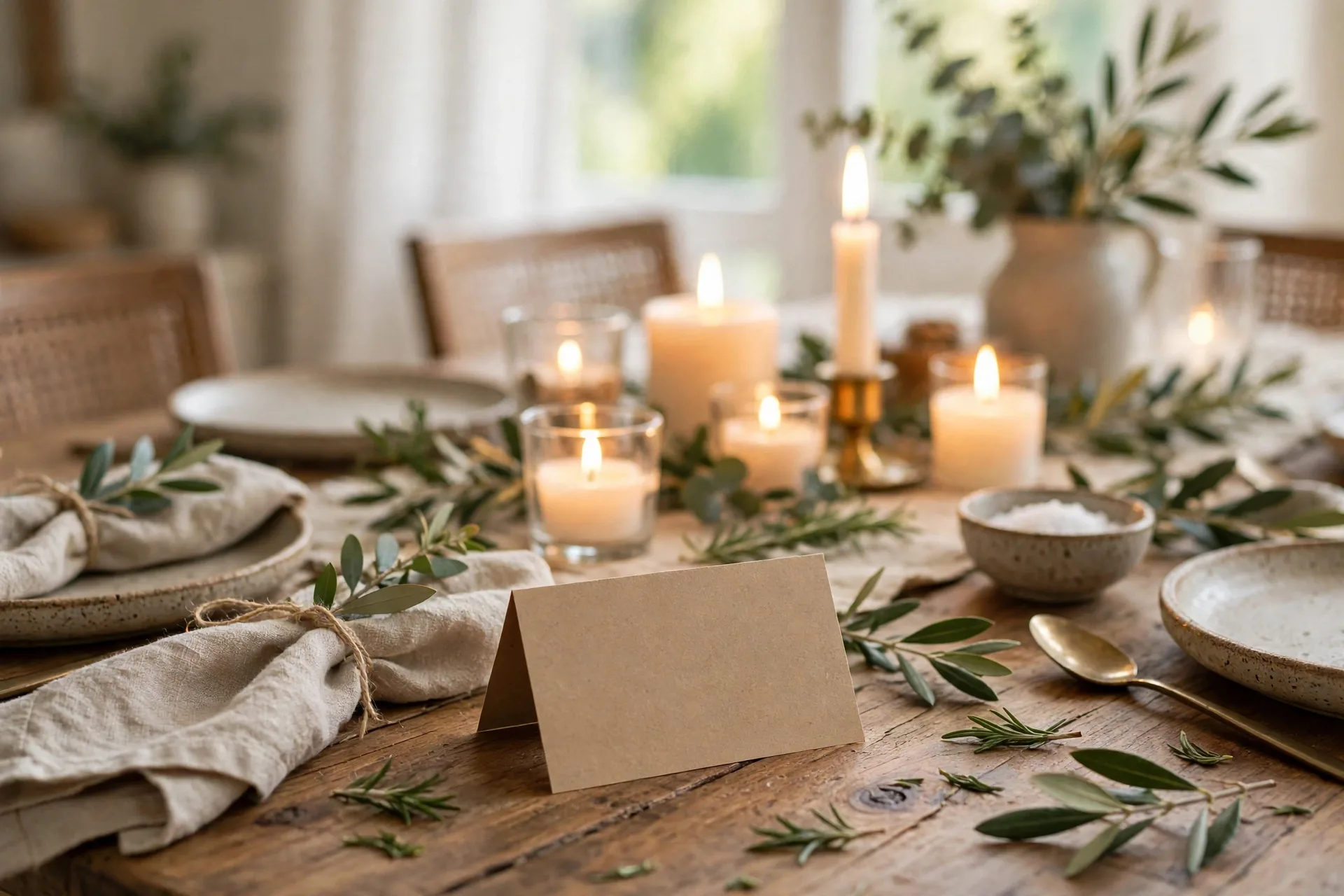 Warm candlelight and one handwritten place card on a styled dinner table
