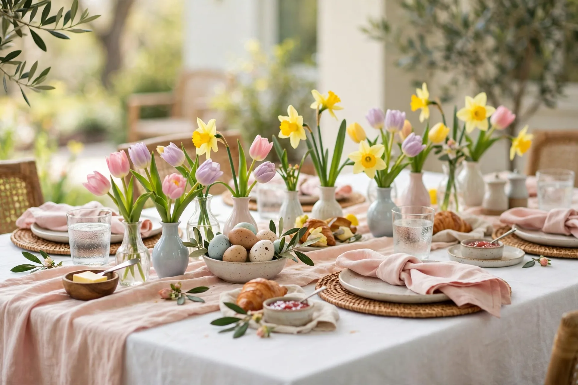 Spring Easter tablescape with pastel runner, bud vases of tulips and daffodils, woven chargers and speckled eggs