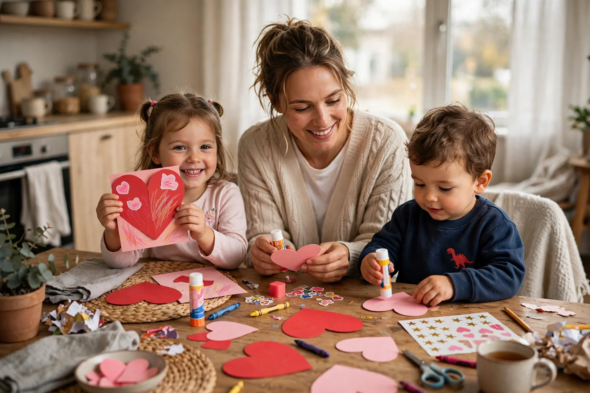 Mom making handmade valentine cards with her two young kids at a table covered in red and pink paper hearts