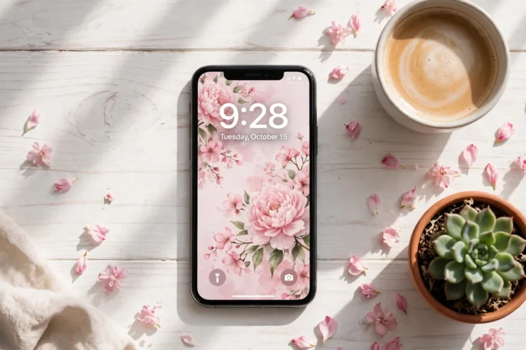 iPhone with a pink floral lock screen wallpaper on a white desk beside coffee, flower petals and a small succulent