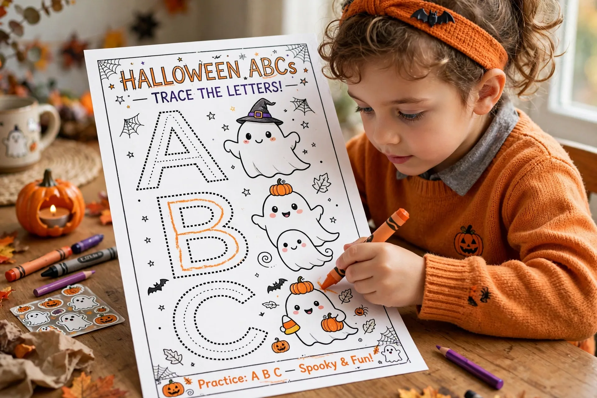 A young child tracing the alphabet on a Halloween worksheet with a chunky crayon