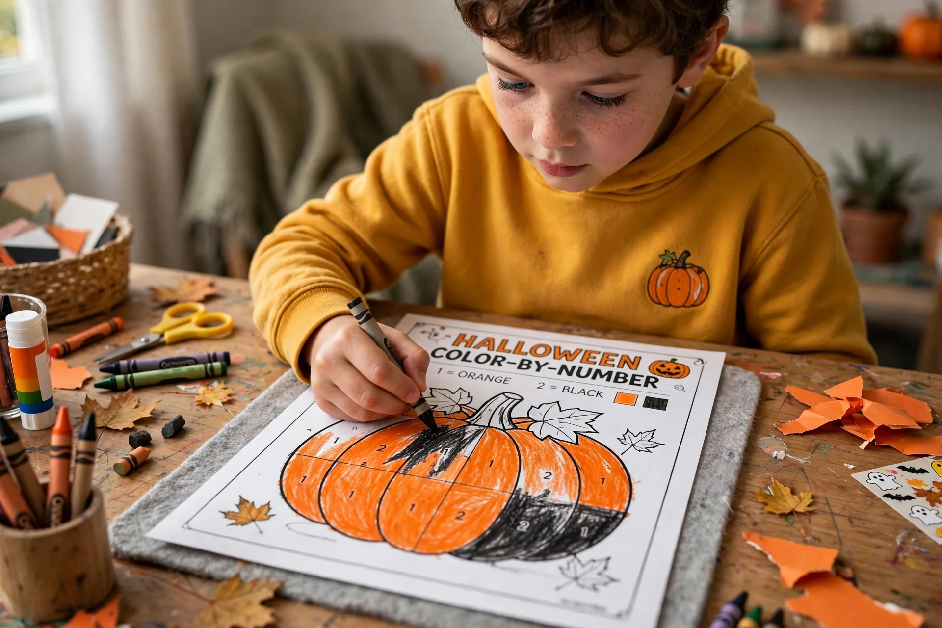 A child coloring a Halloween color-by-number pumpkin worksheet with crayons