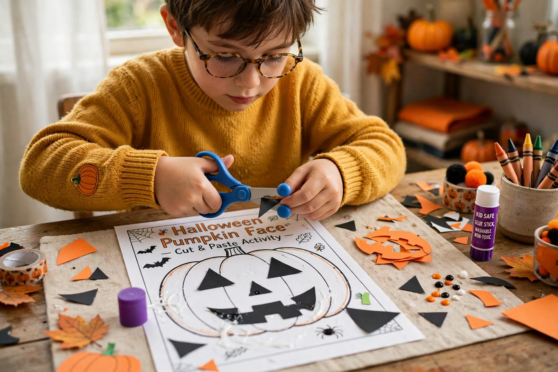 A child cutting and pasting pumpkin faces on a Halloween worksheet with child-safe scissors