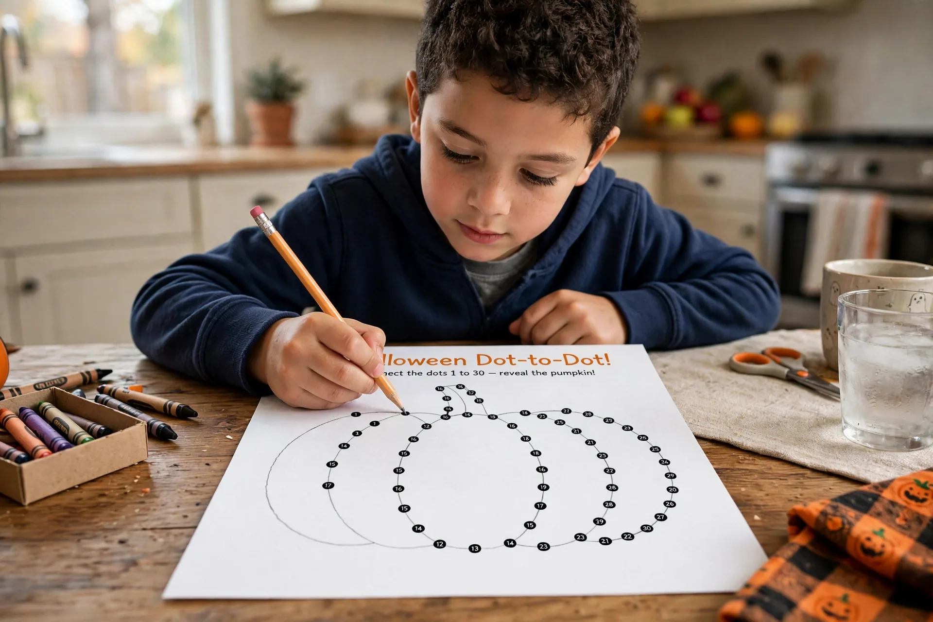 A child connecting dots to reveal a pumpkin on a Halloween dot-to-dot worksheet