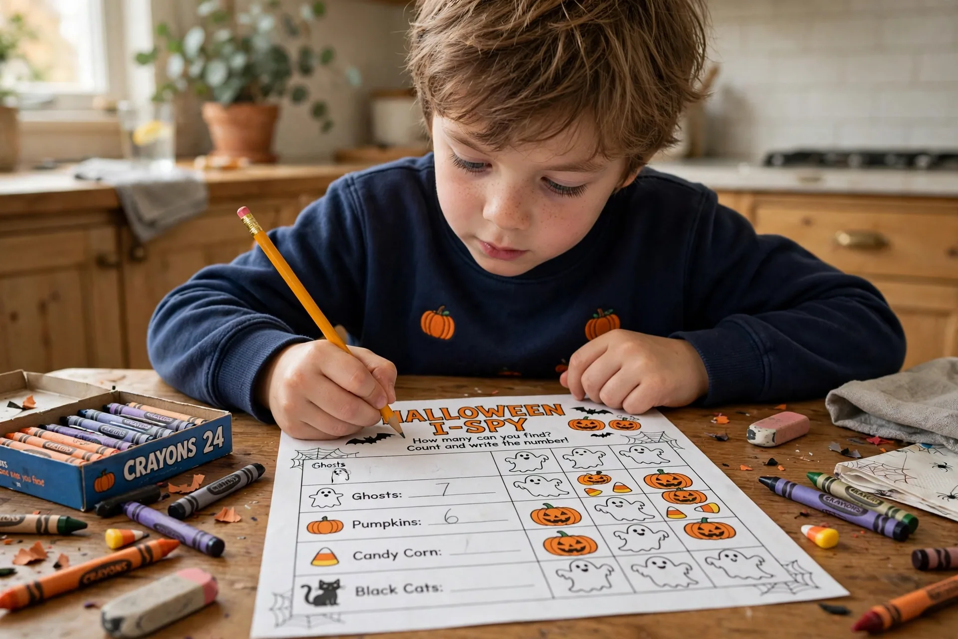 A young child playing I-spy count and write on a Halloween worksheet with a pencil