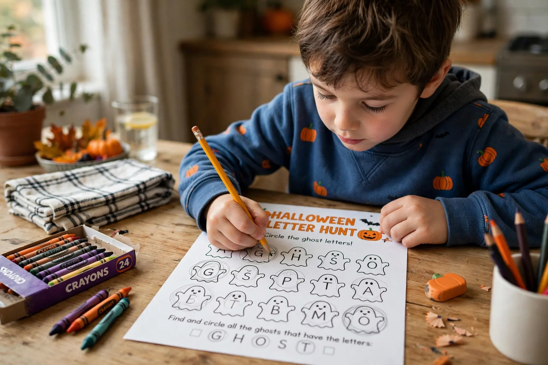A child hunting for ghost letters on a Halloween letter hunt worksheet