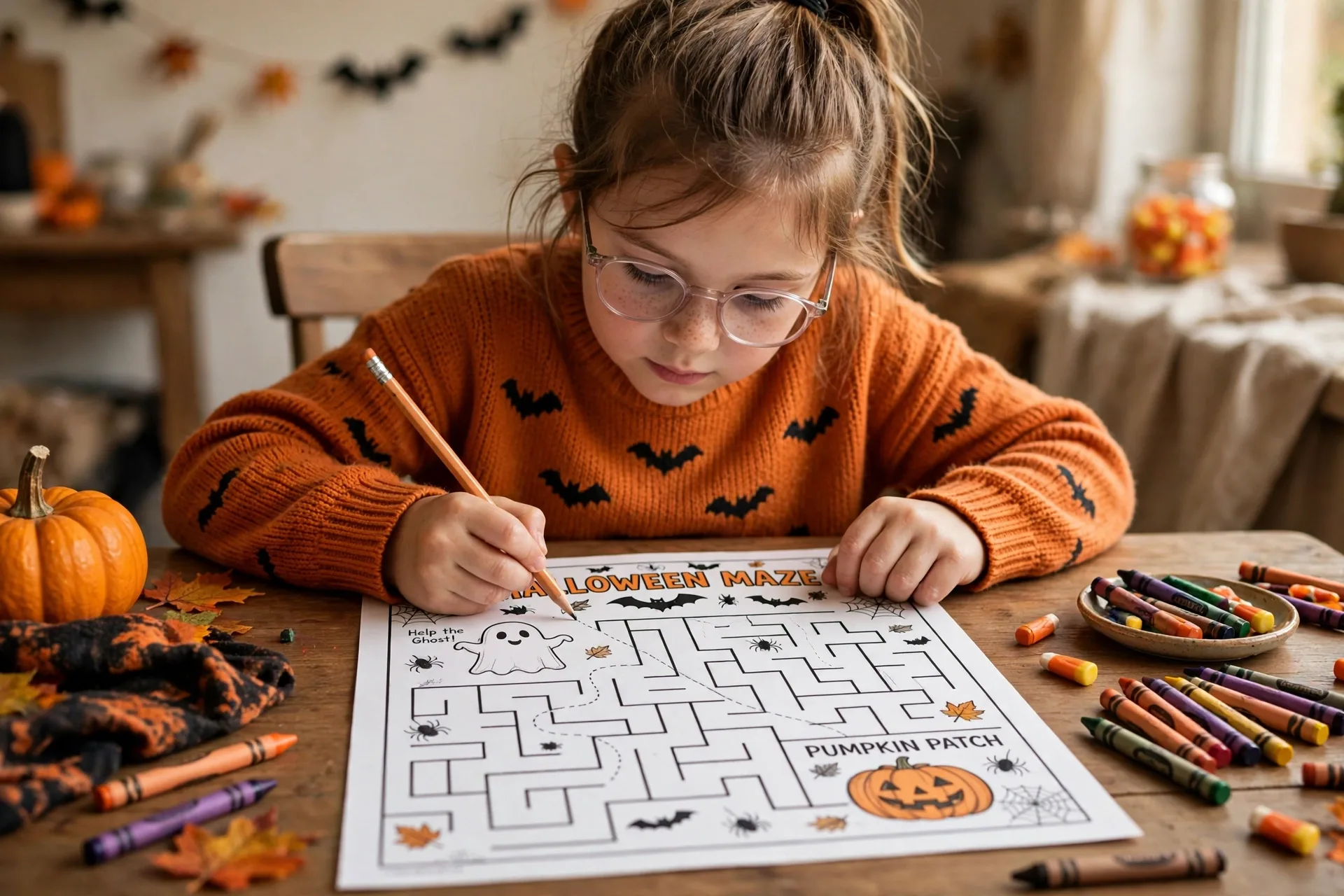 A child solving a Halloween maze worksheet with a pencil, helping a ghost find a pumpkin