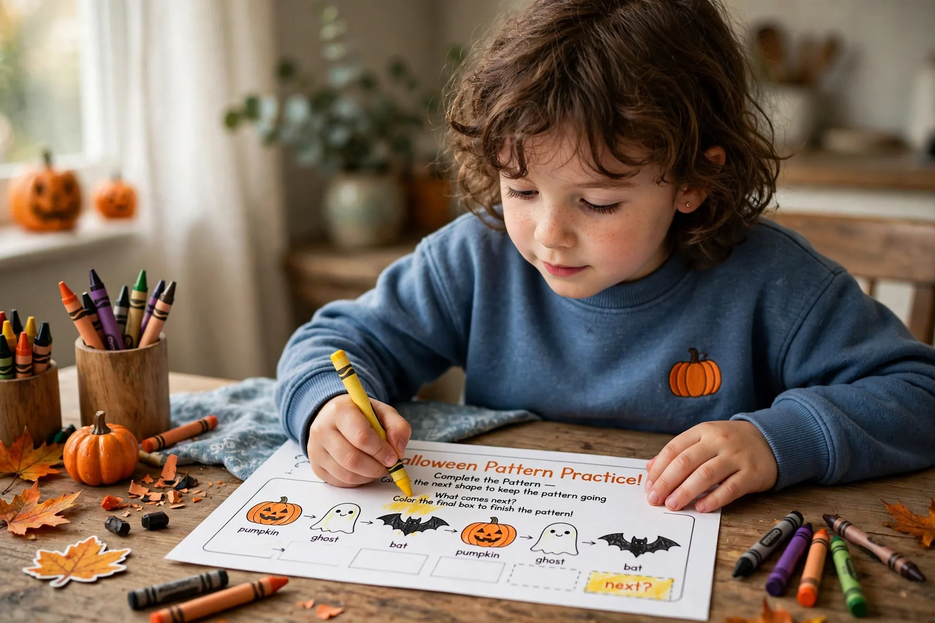 A child completing Halloween patterns on a worksheet with pumpkin and ghost stickers