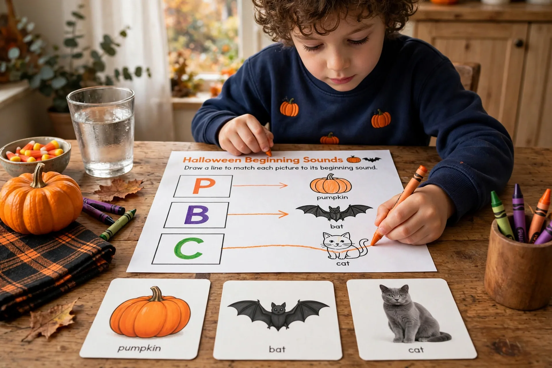 A child matching beginning sounds on a Halloween worksheet with picture cards