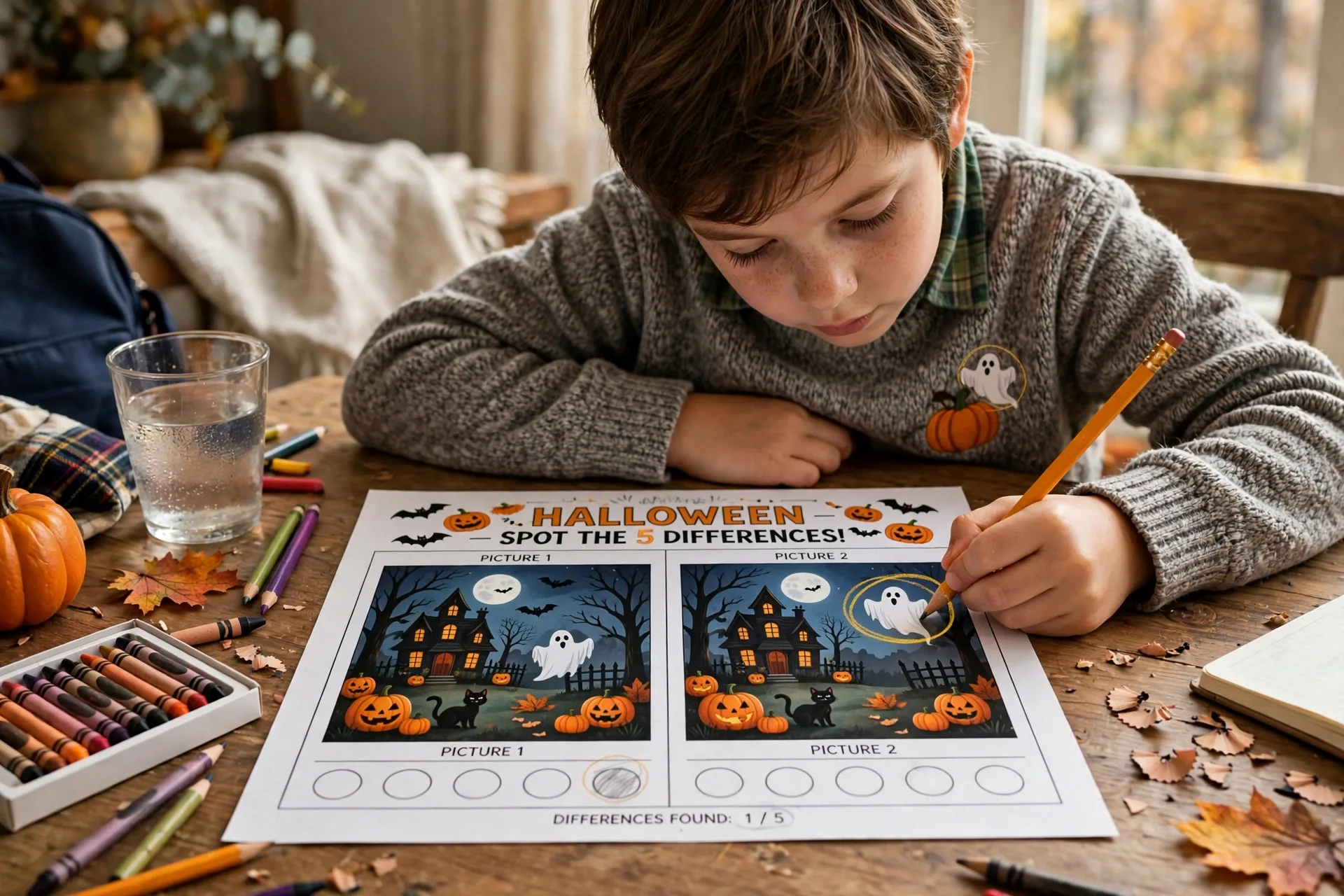 A child circling differences on a Halloween spot-the-difference worksheet