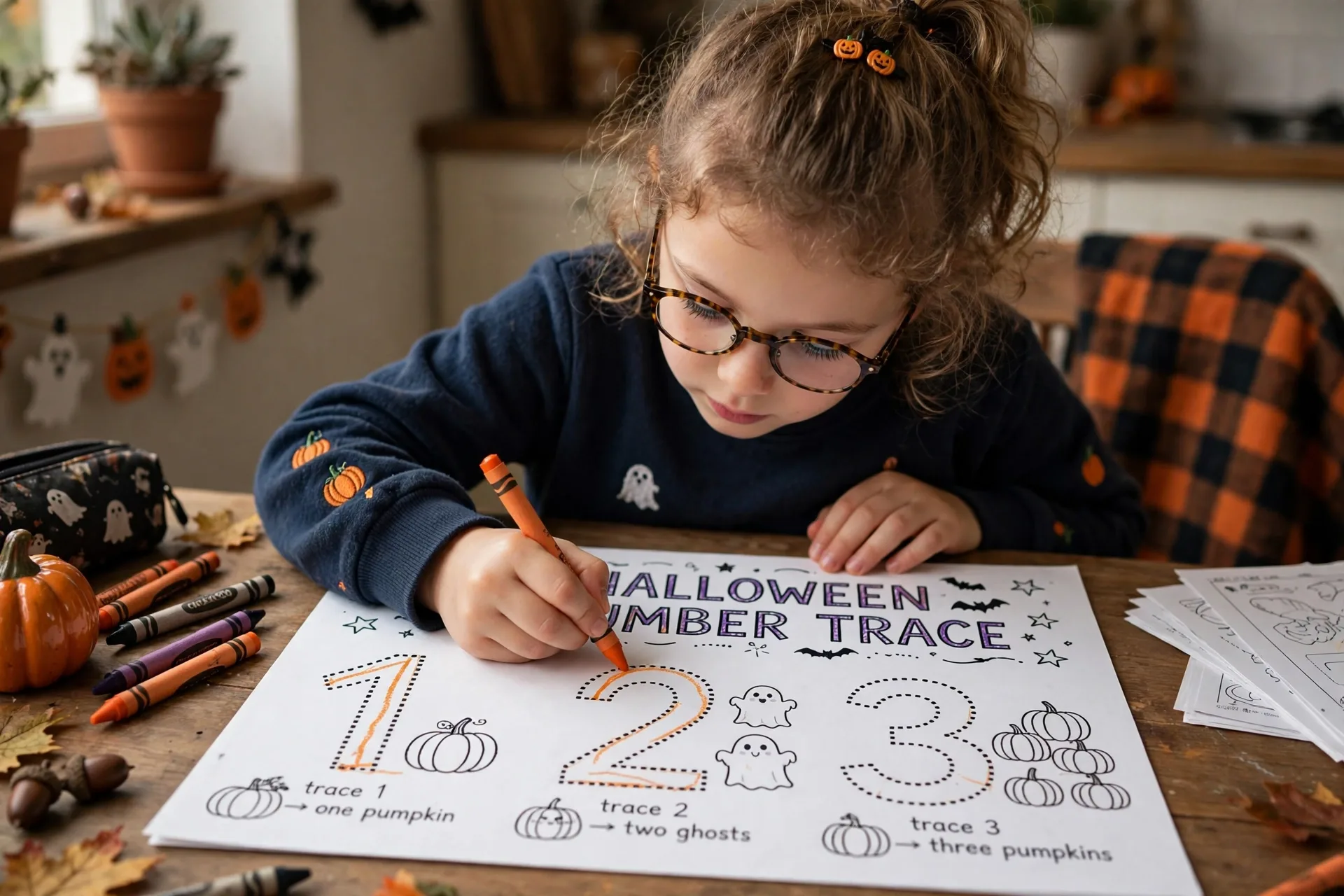 A young child tracing numbers on a Halloween worksheet with a crayon