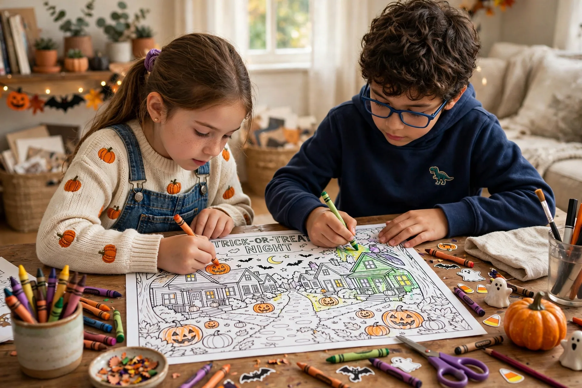 Two kids coloring a trick-or-treat night Halloween coloring page with crayons