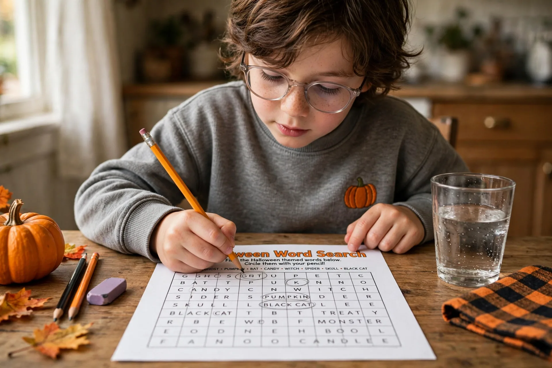 A child solving a Halloween word search worksheet with a pencil